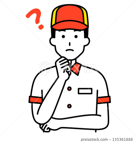 A male fast food restaurant employee thinking of an idea A male fast food restaurant employee thinking of an idea 135361888