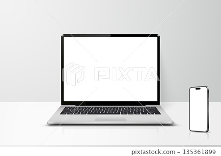 Laptop and smartphone with blank screen on table realistic mockup Laptop and smartphone with blank screen on table realistic mockup 135361899