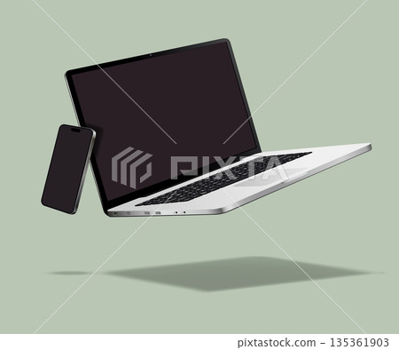 Flying laptop with smartphone mockup Flying laptop with smartphone mockup 135361903