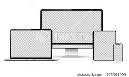 Realistic computer, laptop, tablet, smartphone mockup. Set technology devices with empty display Realistic computer, laptop, tablet, smartphone mockup. Set technology devices with empty display 135361909