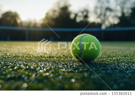 A vibrant green tennis ball rests on the court surface. The sun shines softly in the background. Perfect for sports photography and advertising. Generative AI 135362011