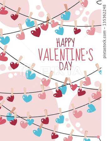 Greeting card template with heart garland bunting in flat style. Valentine's day, wedding, anniversary, love party. Festive celebration concept. For banner, social media cover, invitation, flyer 135362248