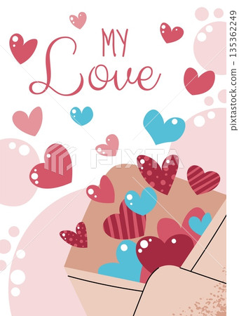 Greeting card template with envelope and flying hearts, flat vector style. Valentine's day, love letter, wedding. Romantic message concept. For social media post, invitation, banner, flyer, email 135362249