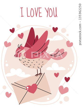 Greeting card template with bird carrying love letter envelope in flat style. Valentine's day, wedding, anniversary, spring love. Messenger of love concept. For invitation, social media, banner, flyer 135362250