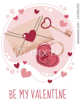 Greeting card template with envelope, lock and key in flat style. Valentine's day, love letter, wedding, anniversary, proposal. Secret love concept. For invitation, social media, banner, romantic gift 135362293