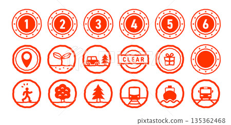 A set of rough line art illustrations like stamps or letterpress prints. Travel and high-tech symbols such as numbers, buses, cars, trains, boats, trees, etc. A set of rough line art illustrations like stamps or letterpress prints. Travel and high-tech symbols such as numbers, buses, cars, trains, boats, trees, etc. 135362468