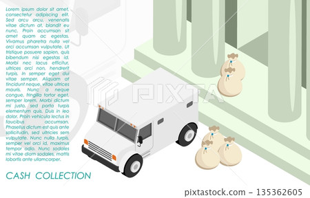 Isometric armored bank car stands at the entrance to bank waiting for loading of money bags for transportation. Isolated cartoon vector concept on white background top view Isometric armored bank car stands at the entrance to bank waiting for loading of money bags for transportation. Isolated cartoon vector concept on white background top view 135362605