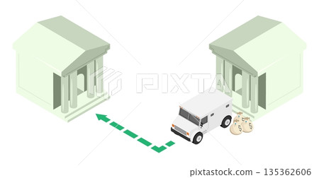 Isometric collector bank car at the entrance to bank loading of money bags for transportation. Isolated cartoon vector on white background top view Isometric collector bank car at the entrance to bank loading of money bags for transportation. Isolated cartoon vector on white background top view 135362606