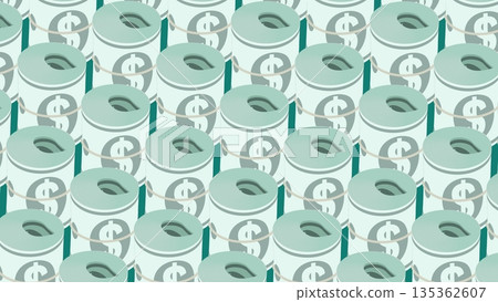 Isometric dollar bills rolled into a tight bundle tied. 3D vector background top view at an angle 135362607