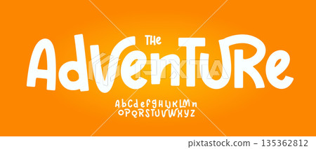 Adventure font modern bouncy typeset, lively friendly alphabet. Playful cheerful letters in Los Muertos Mexican style for menus, labels, signage, ads, crafts and comic book. Vector typographic design 135362812