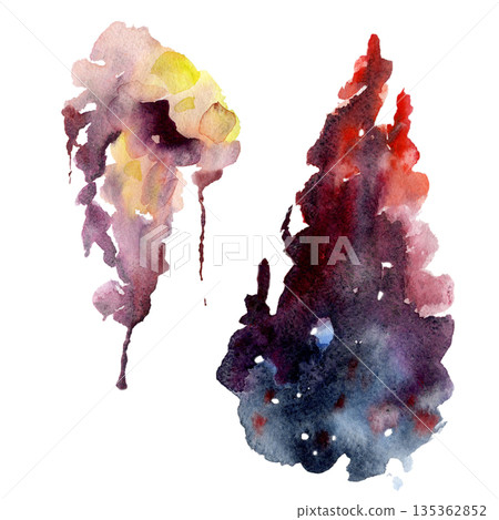 Deep watercolor drip in burgundy and indigo tones, pastel splash with vertical flow of flowers, silk fabric or aroma trails. Hand drawn isolated illustration for dark fantasy art, expressive design. 135362852