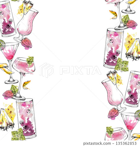 Berry pink daiquiri, mojito and cosmopolitan, milkshake, fruit juice and lemonade. Coupe, highball, hurricane glasses. Hand drawn watercolor outlined in ink, double seamless border. Recipe art, menu 135362853