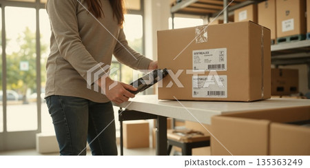 Sustainable Packaging in E-Commerce - Online Retailer Shipping Products in Eco-Friendly Packaging An online retailer is preparing eco-friendly packaging for Sustainable Packaging in E-Commerce - Online Retailer Shipping Products in Eco-Friendly Packaging An online retailer is preparing eco-friendly packaging for 135363249