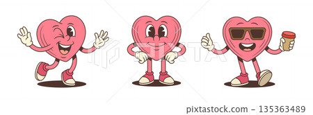 A Groovy Pink Heart Character Mascot In Different Poses Cartoon Vector Illustration A Groovy Pink Heart Character Mascot In Different Poses Cartoon Vector Illustration 135363489