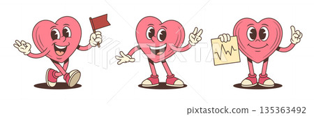 A Groovy Pink Heart Character Mascot With Poses Cartoon Vector Illustration A Groovy Pink Heart Character Mascot With Poses Cartoon Vector Illustration 135363492