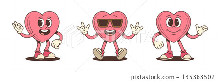 Cool Pink Heart Retro Cartoon Character Mascot Vector Illustration Set Cool Pink Heart Retro Cartoon Character Mascot Vector Illustration Set 135363502