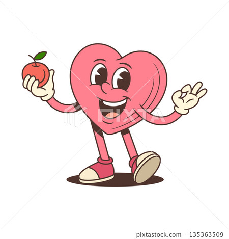 Funny Pink Heart Cartoon Character Mascot With Apple And Ok Sign Vector Illustration 135363509