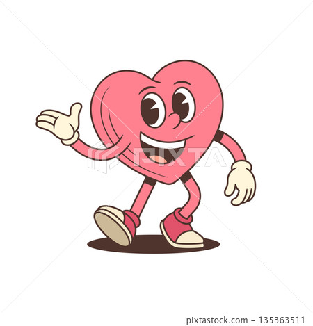 Happy Walking Heart Retro Cartoon Character Mascot Vector Illustration For Valentine's Day Happy Walking Heart Retro Cartoon Character Mascot Vector Illustration For Valentine's Day 135363511