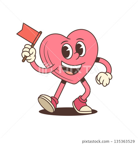 Walking Pink Heart Cartoon Character With A Red Flag Vector Illustration 135363529