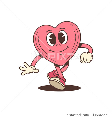 Funny Walking Pink Heart In A Retro Style Cartoon Character Vector Illustration 135363530