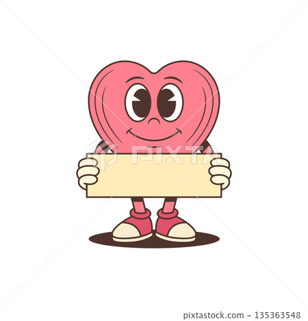 Cute Retro Pink Heart Character Holding A Blank Sign Cartoon Vector Illustration Cute Retro Pink Heart Character Holding A Blank Sign Cartoon Vector Illustration 135363548