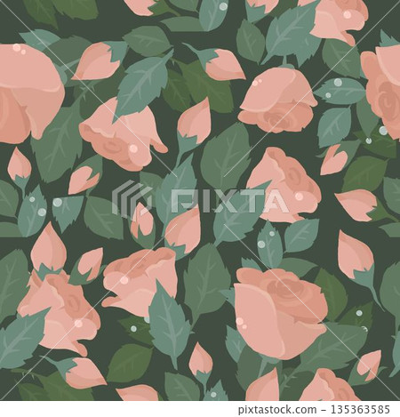Seamless Pattern with Pink Roses on Green Background Seamless Pattern with Pink Roses on Green Background 135363585