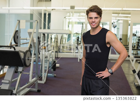 Man standing near leg press and barbells in gym against mirrored walls checking sports watch Man standing near leg press and barbells in gym against mirrored walls checking sports watch 135363822