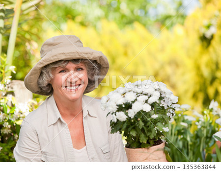 Mature woman wearing sun hat and holding potted chrysanthemum in garden under sunlight, copy space 135363844
