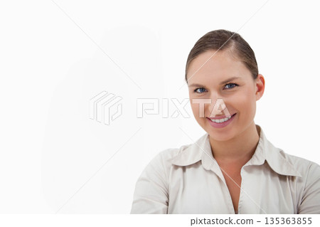 Woman smiling and posing in beige collared shirt in portrait studio with white backdrop, copy space Woman smiling and posing in beige collared shirt in portrait studio with white backdrop, copy space 135363855