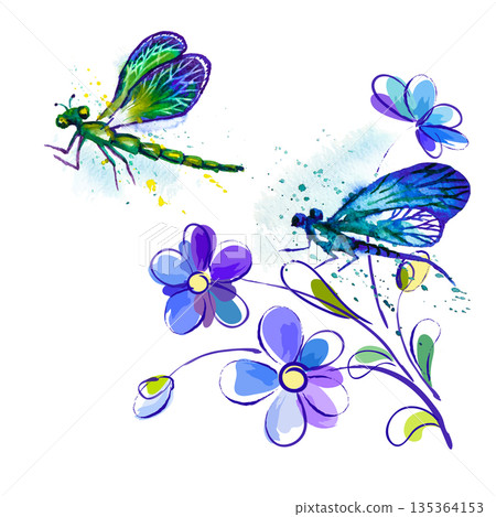 Watercolor background with dragonflies and flowers Watercolor background with dragonflies and flowers 135364153