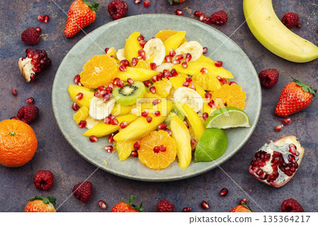 Fresh Fruit Salad on Kitchen Table 135364217