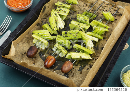 Fresh Vegetable Kebabs on Wooden Table Fresh Vegetable Kebabs on Wooden Table 135364226