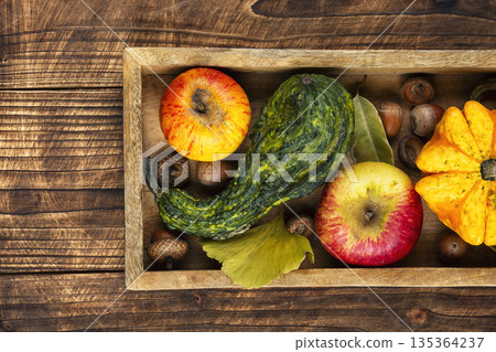 Apples and pumpkins with autumn leaves. 135364237