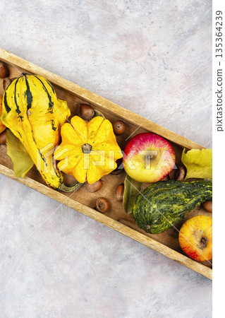 Vibrant arrangement of autumn fruits and vegetables. 135364239