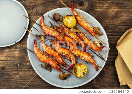 Shrimp langoustines skewers. Shrimp langoustines skewers. 135364240