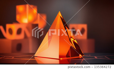 Glossy orange triangular pyramid, levitating majestically, dramatic background, product hero shot. Glossy orange triangular pyramid, levitating majestically, dramatic background, product hero shot. 135364272