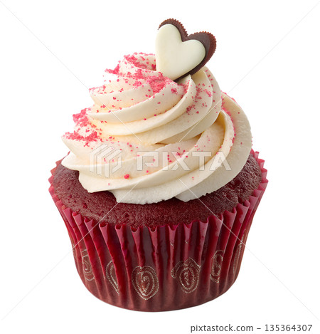 Sweet valentine's treat, perfect red velvet cupcake topped with a heart-shaped decoration, ideal for romantic events and bakery advertising 135364307