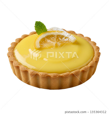 Delicious lemon tart with fresh lemon slice and mint garnish, perfectly isolated on transparent background for food design 135364312