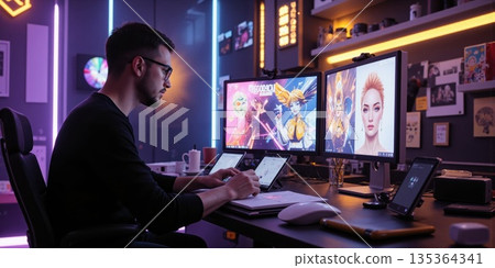 Blockchain for Digital Art - Artist Selling NFT Artwork on Blockchain Platform An artist is creating and selling NFT (Non-Fungible 135364341
