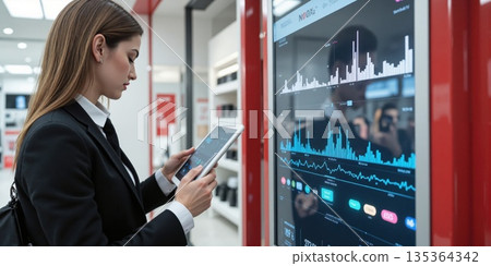 AI-Powered Retail Analytics - Store Manager Analyzing Customer Data on Tablet A store manager is using AI-powered retail analytics software AI-Powered Retail Analytics - Store Manager Analyzing Customer Data on Tablet A store manager is using AI-powered retail analytics software 135364342