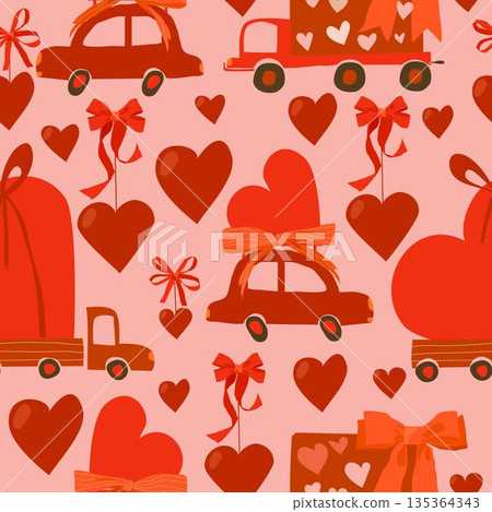 Seamless Pattern With Cute Red Cars with Hearts. Valentines Day 135364343