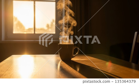 Steaming hot coffee mug on wooden desk with golden sunlight streaming through window in cozy home office workspace 135364379