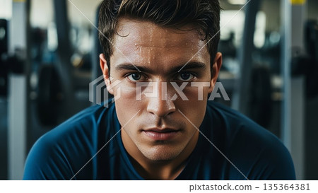 Sweaty athletic asian man close-up portrait after intense workout training session in modern fitness gym facility 135364381