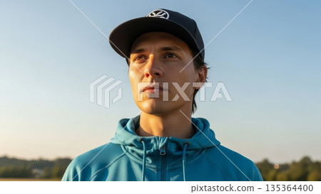 Young Asian man in blue hoodie and black cap looking upward during golden hour sunset outdoors 135364400