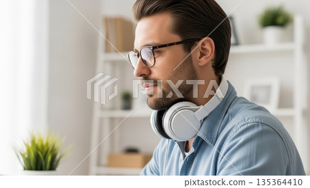 Young European businessman with glasses and headphones around neck working at modern office desk looking focused 135364410