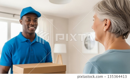 African American delivery man in blue uniform delivering package to senior caucasian woman at modern home entrance 135364413