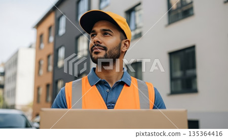 African american delivery worker in high visibility vest holding package looking up at modern residential building complex 135364416