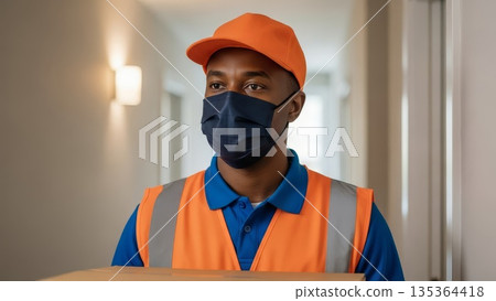 African American delivery worker wearing orange safety vest and face mask standing in modern office hallway during pandemic 135364418