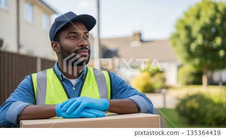 African American delivery worker wearing safety vest and cap smiling outdoors with cardboard package in residential neighborhood 135364419