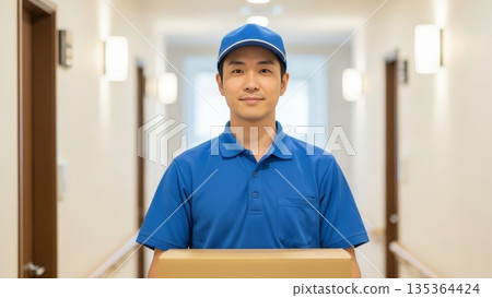 Asian delivery man in blue uniform holding cardboard package standing in modern office building hallway 135364424
